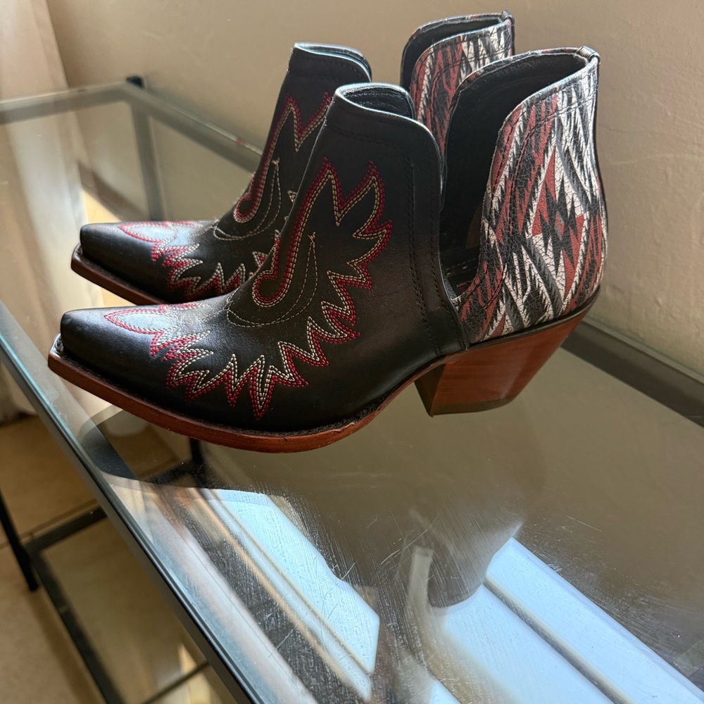 Ariat Black Ankle Booties with Red and Brown Western Stitching - Picture 4 of 11